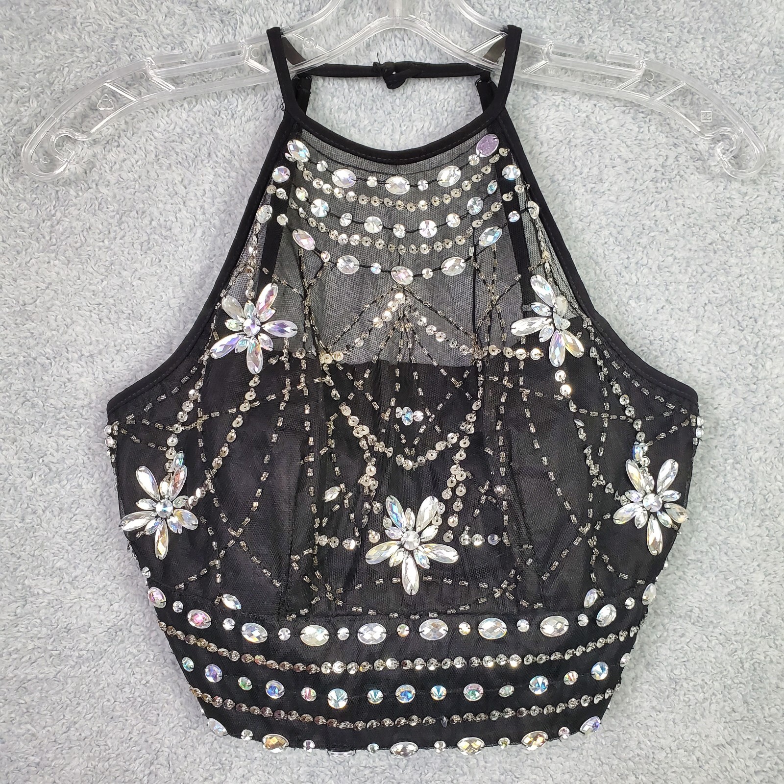 Vtg B Darlin Top Size S Black Halter Crop Embellished Jewels Sheer Padded Zip Up