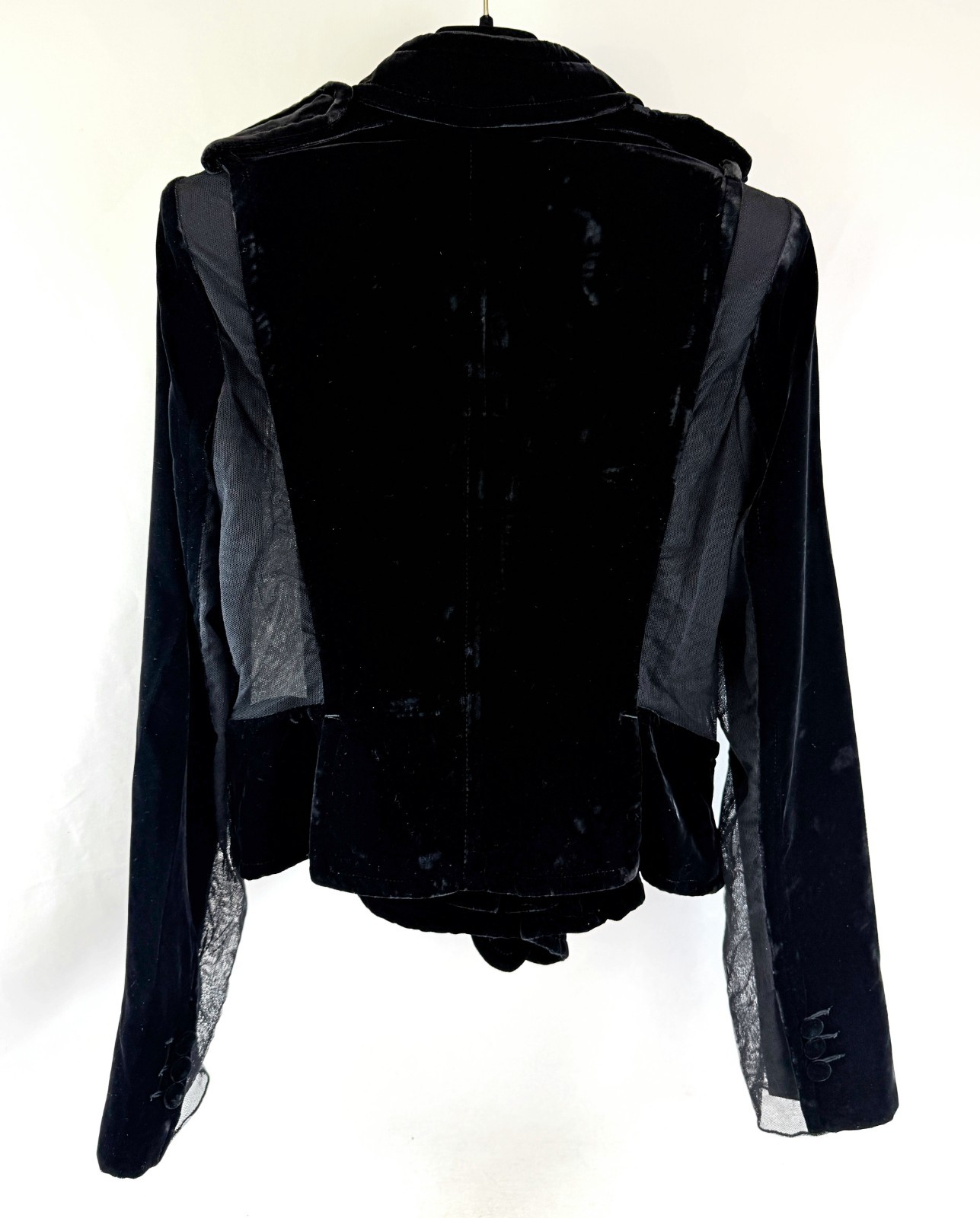 Vintage YSL YVES SAINT LAURENT Velvet Ruffle Jacket 36 38 Black Mesh Panel 2003