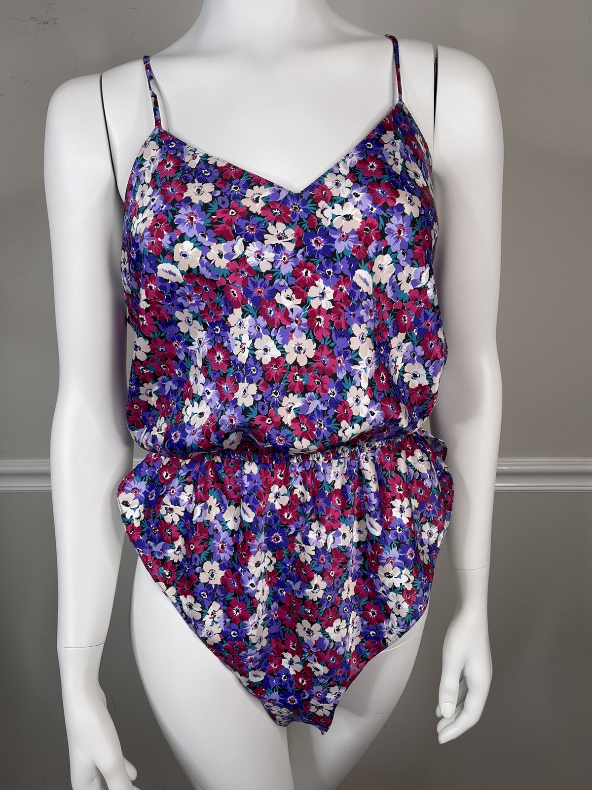 vintage Laura Adams Women’s Medium Teddy Romper satin floral Lingerie Sexy 90s