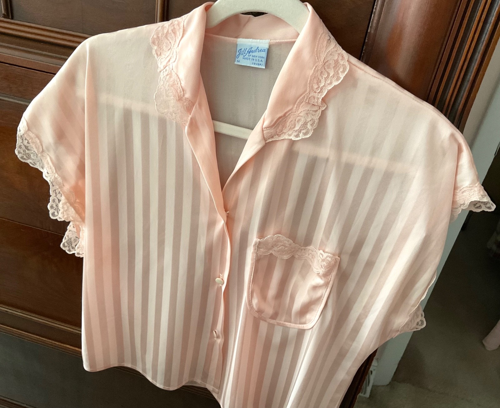 VINTAGE JILL ANDREA OF NY NYLON SZ M 2 PC SHORTIE PJ’S PEACH W/MATCHING LACE TRM