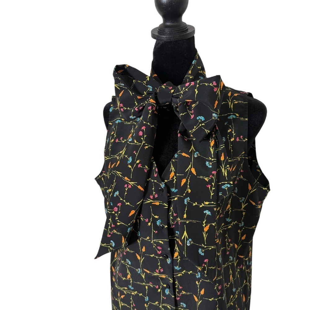 Womens Neck Bow Tie Blouse Size 12P Black Floral Coquette Whimsigoth Office