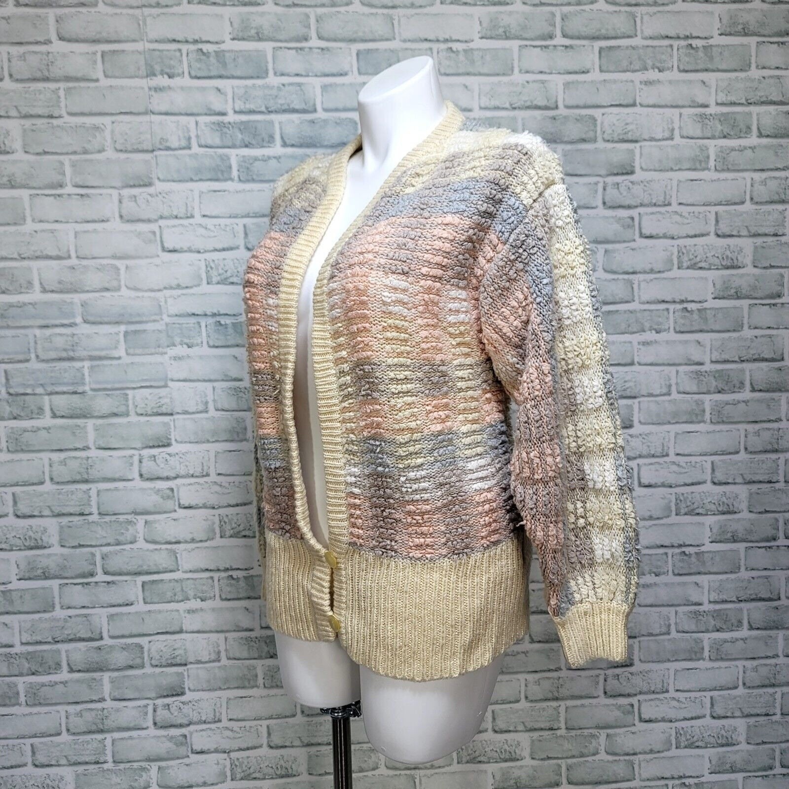 Vintage 80s Lindsay Scott Pastel Striped Acrylic Cardigan Sweater L Hong Kong