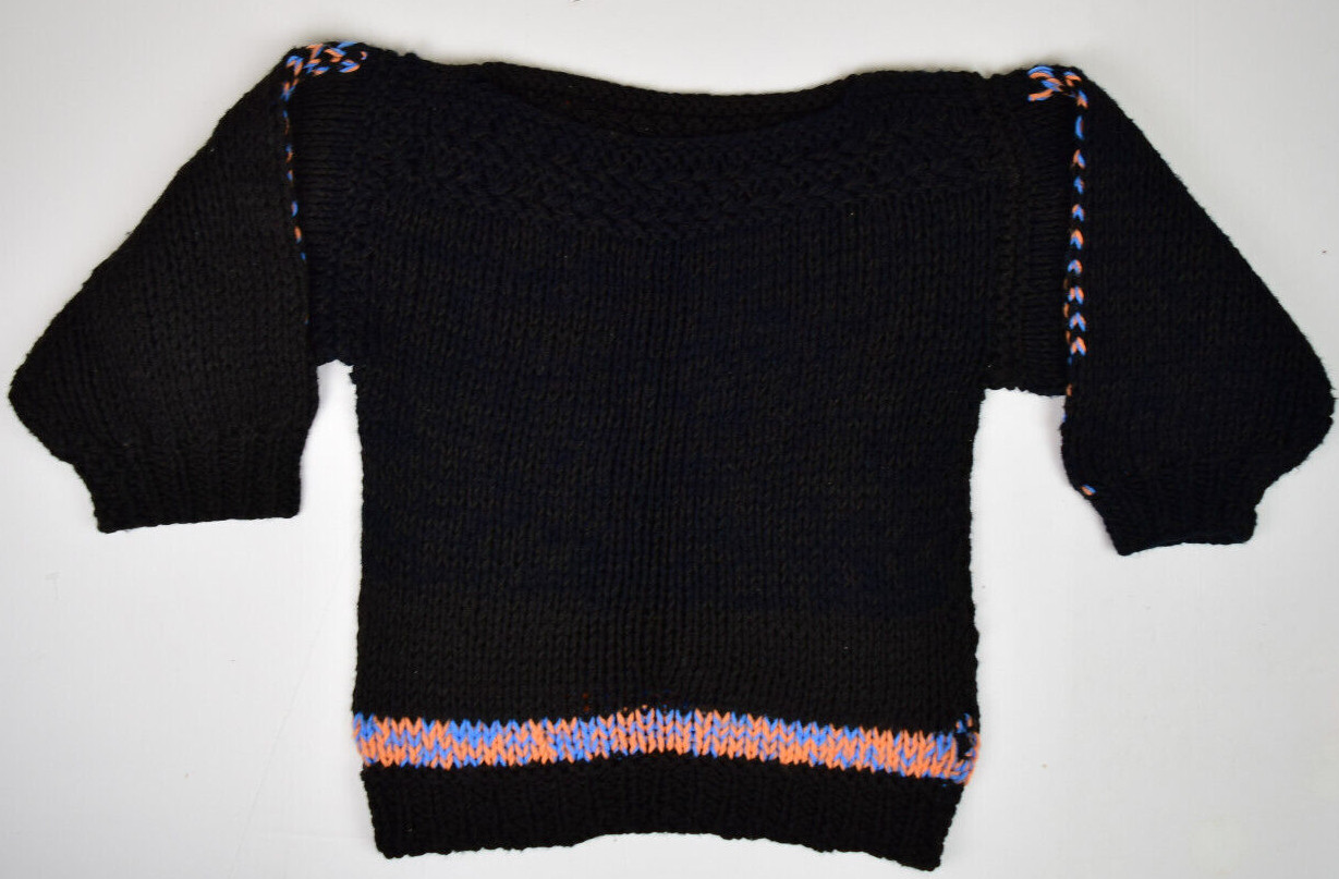 Vintage Sweater Size M 80s Loose Knit Boat Neck Black Color Pop Puff Sleeve