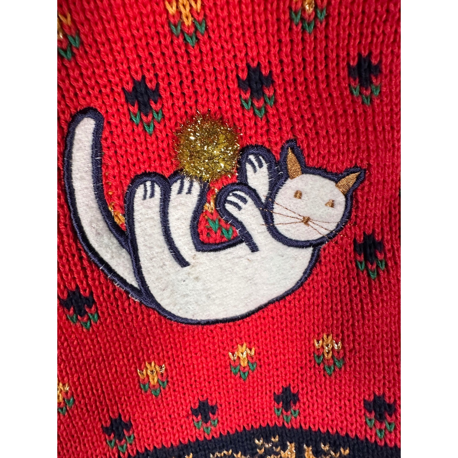 Vtg Sweater Cardigan Womens S Grandma Christmas Cat Knit Cotton Gold Holiday