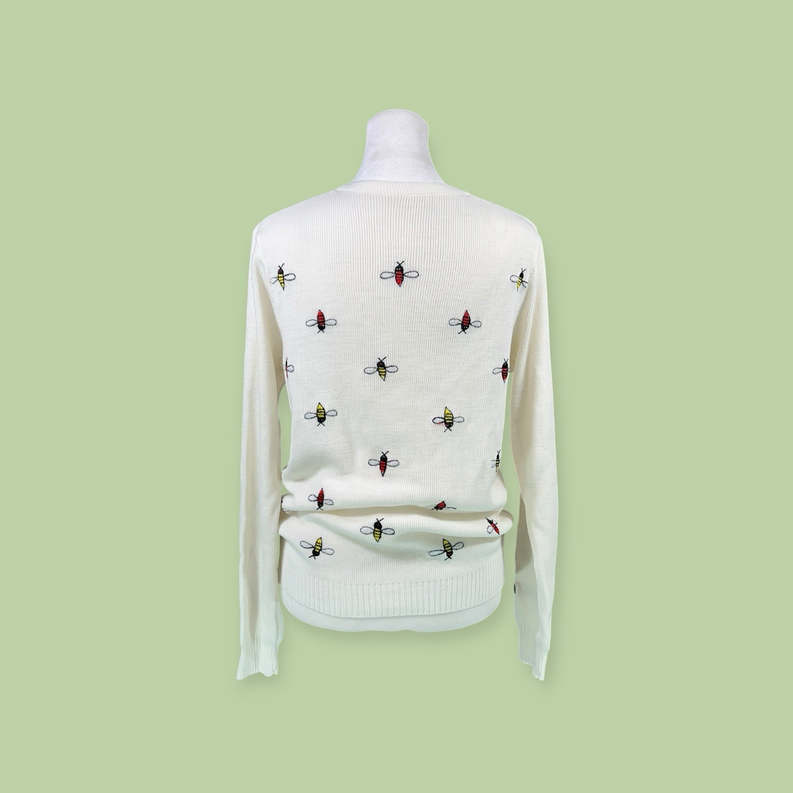 VTG ACRYLIC KNIT “BEE HAPPY” SWEATER BUGS POP ART MOD NOVELTY WHIMSICAL KITSCH