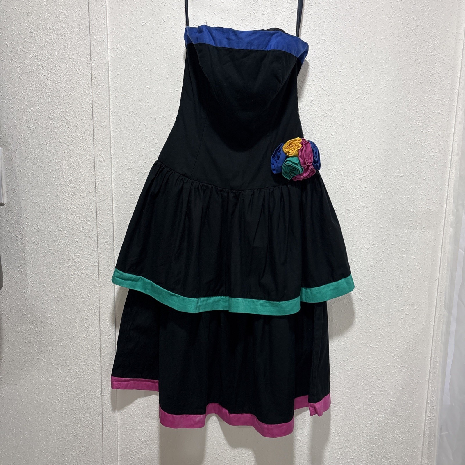 VTG 80’s EVENING OUT Strapless Black Rainbow Tiered Prom Party Dress S 3-4