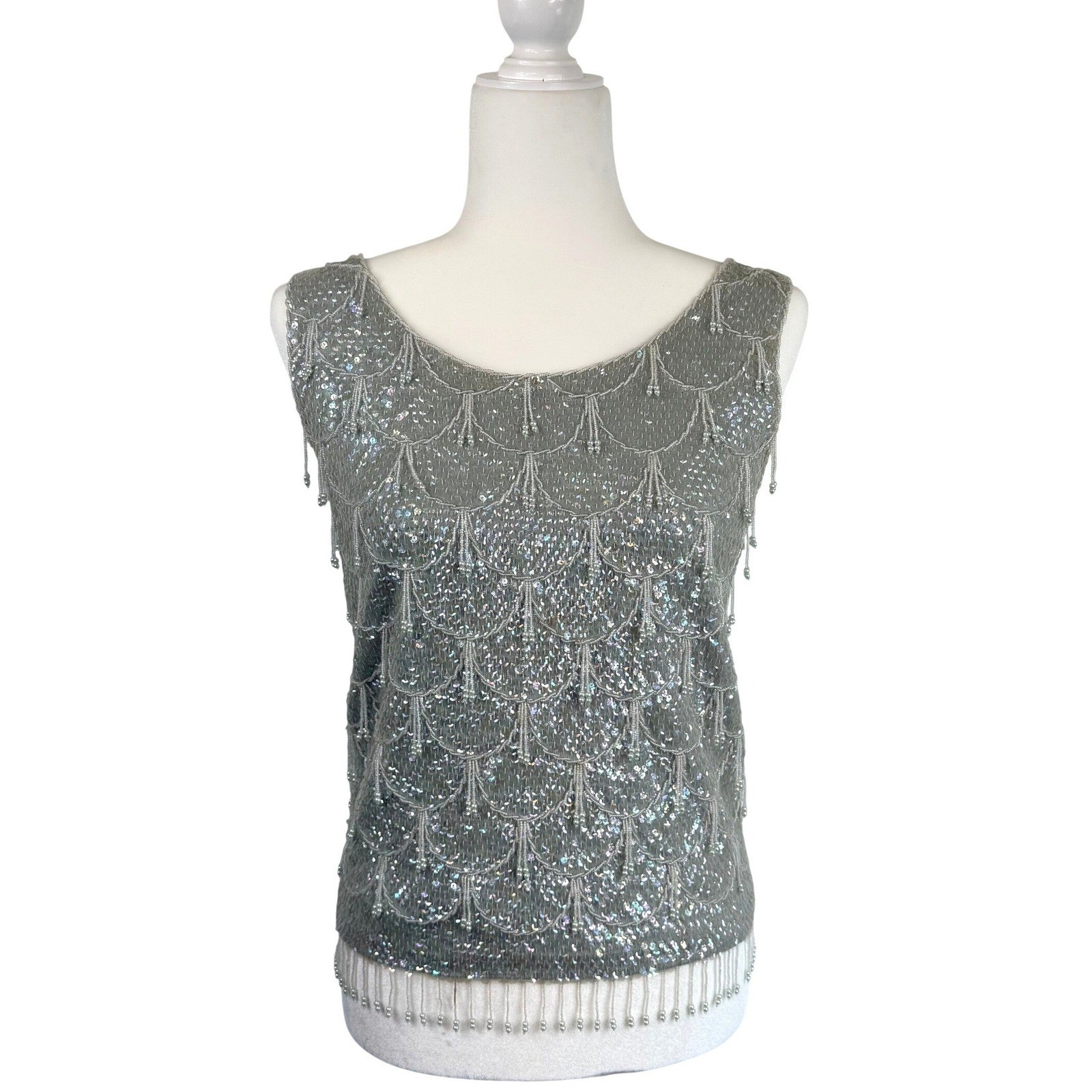 Vintage Beaded Sequin Evening Top Mermaidcore Gatsby Fairy 100% Wool Hong Kong S