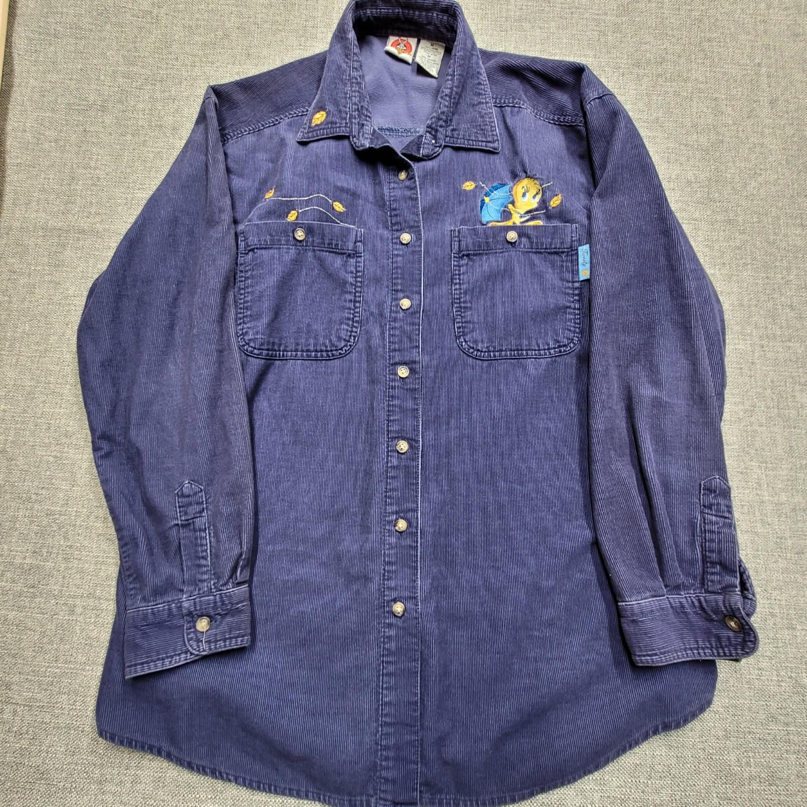 VTG Looney Tunes Tweety Bird Navy Blue Corduroy Grandma Shirt Sz M