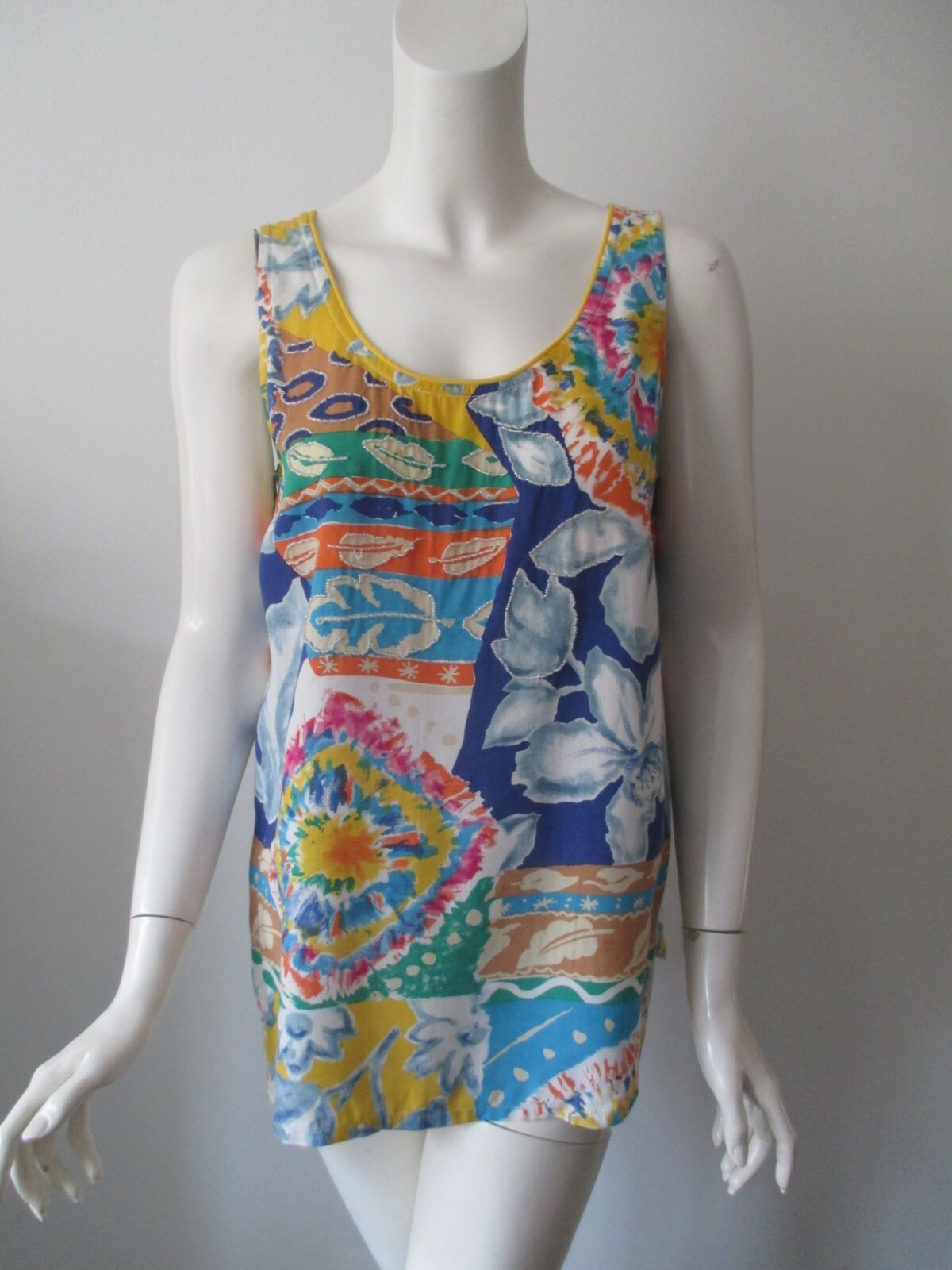 Vintage 80s-90s Faith Multi Color Mix Print Bead Sleeveless Rayon Tank Top M
