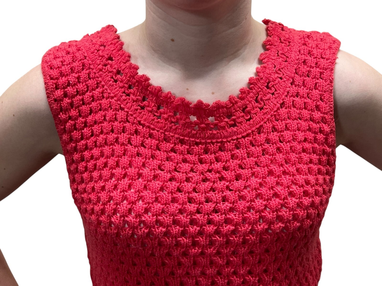 XS~ S Vtg 60s Coral 2 Pc Dress Set Open Knit Sears Acrylic Sweater Skirt Outfit