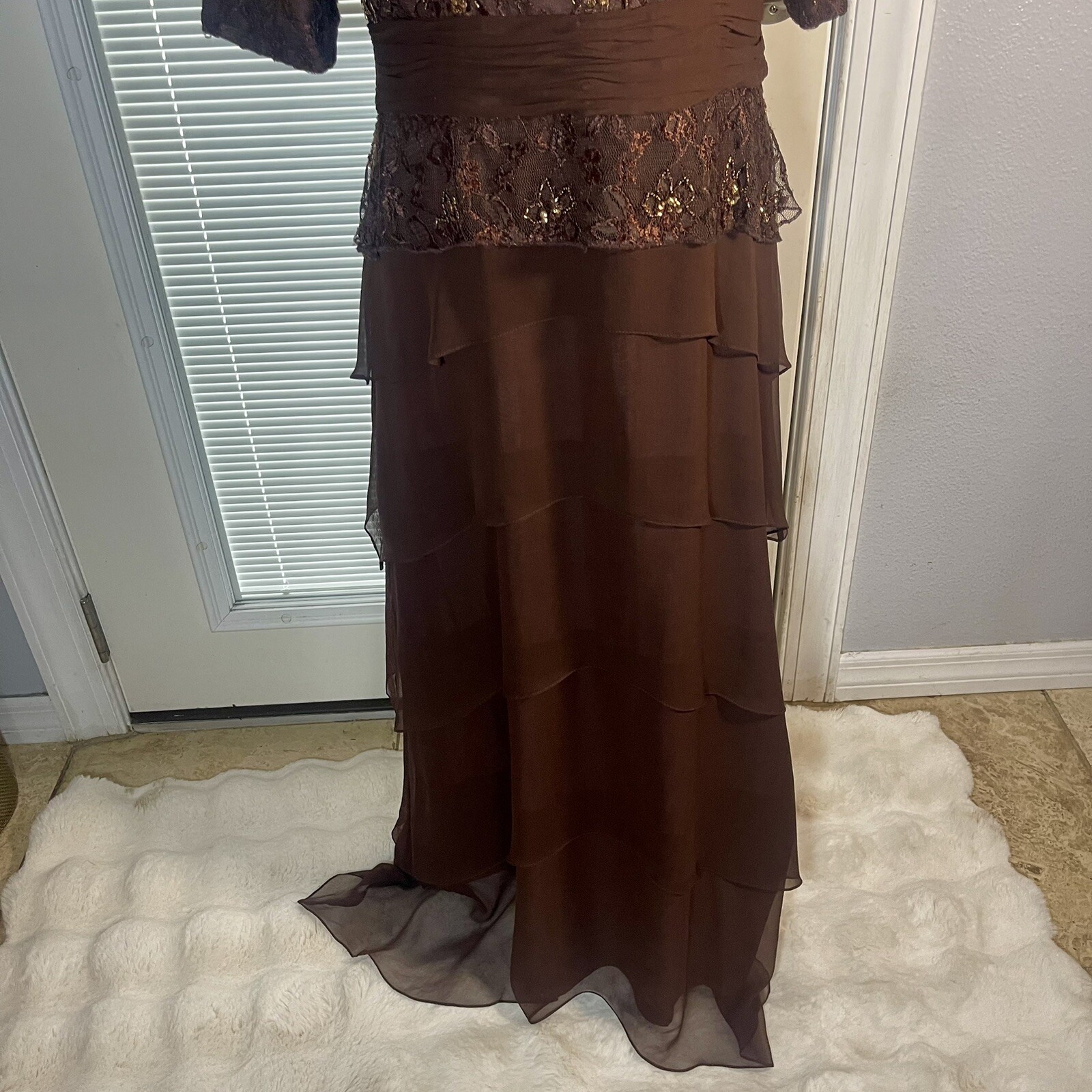 Camila Elbaz Vtg Mother Of The Bride Lace Sequin Ruffled Tier Spain Silk Dress