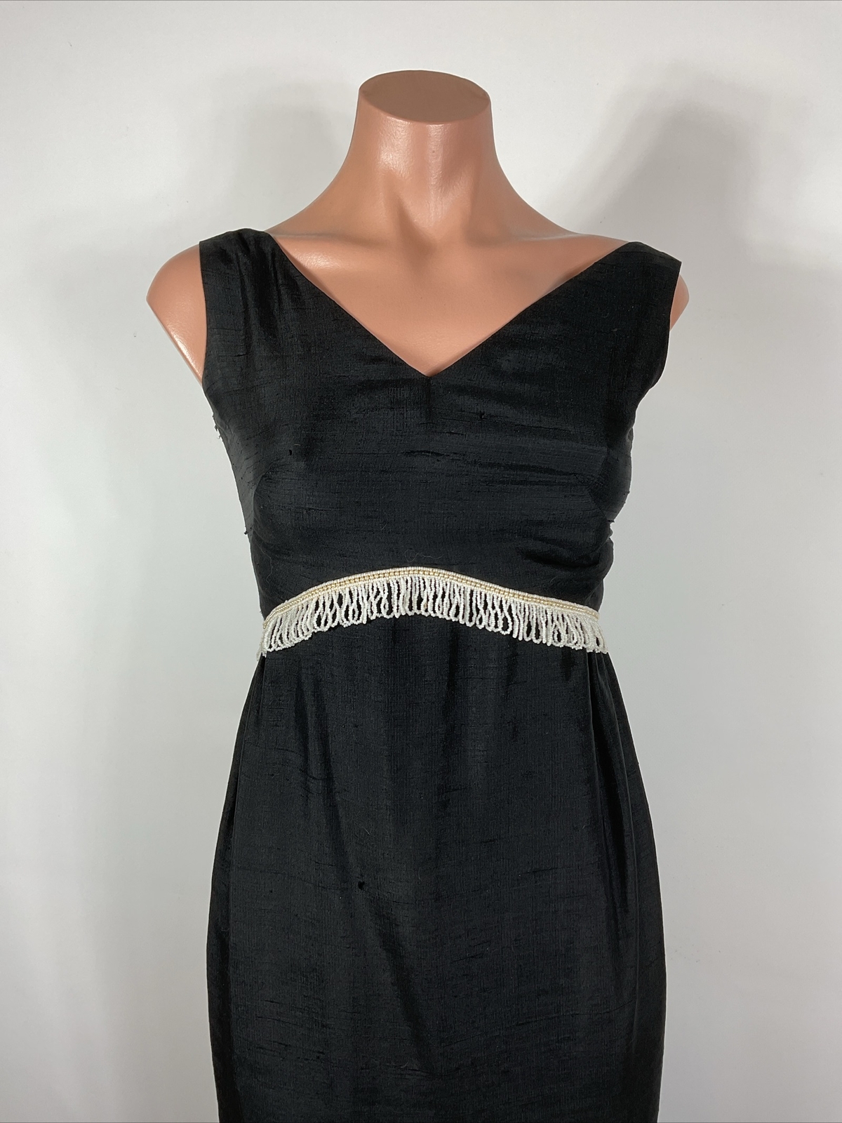 Vintage 60s Cocktail Party Sheath Dress BEADED FRINGE Little Black Dress XS/S
