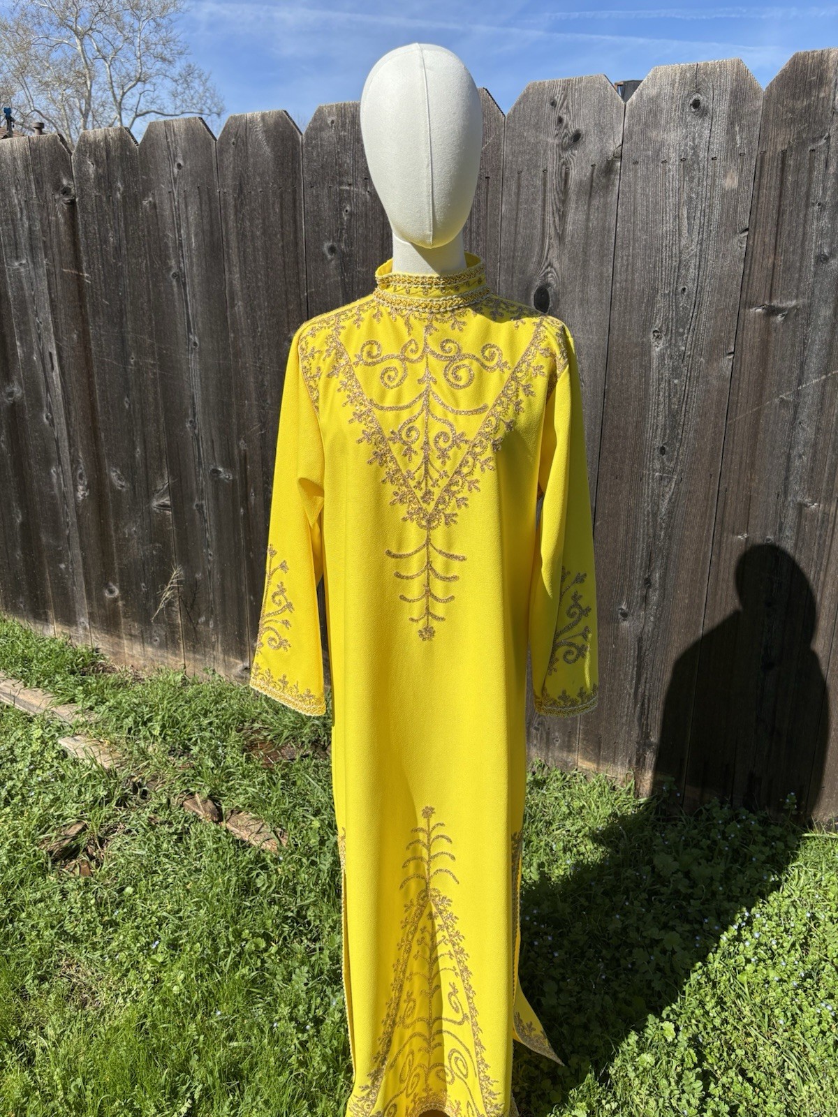 Vtg 60’s Handsewn Daffodil Yellow Volup Maxi Dress With Embroidered Gold Detail