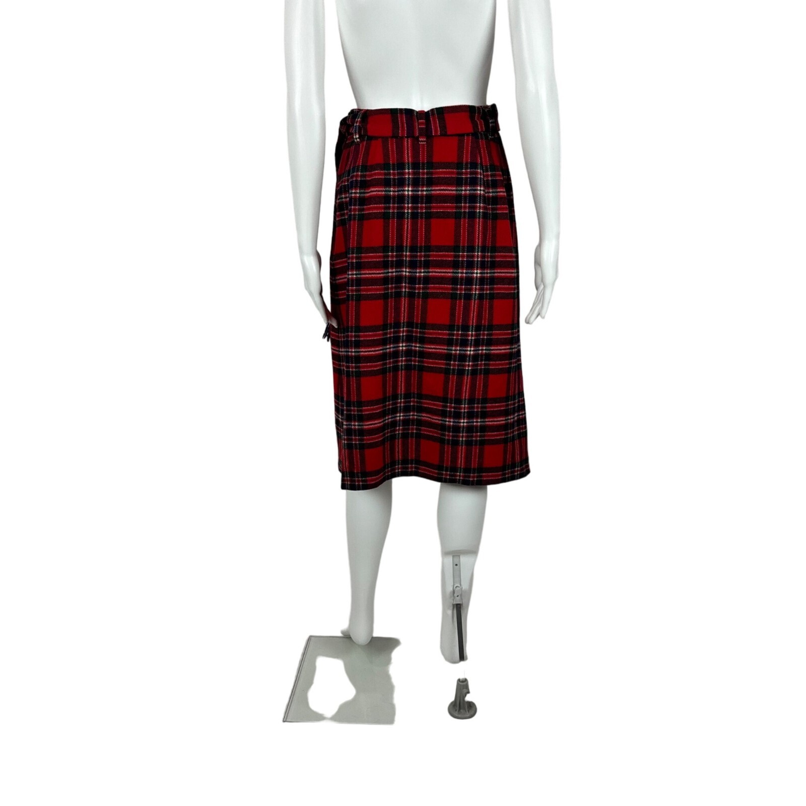 Vintage 70s Tartan Skirt Women’s XS Red Wool Plaid Fringe Belt Knee Length