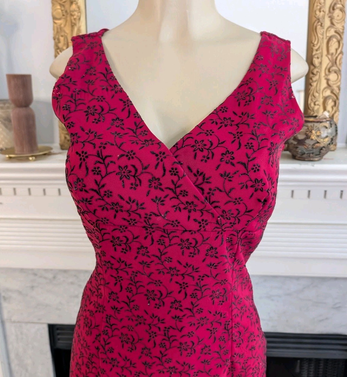 Vintage 80s Red Black Faux Wrap Mini Dress Size S Floral Flocked Silver Glitter