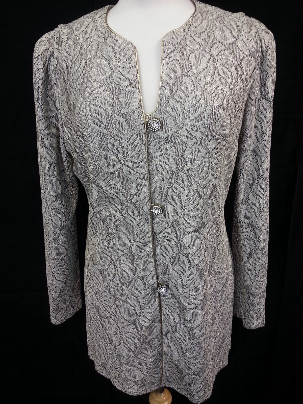 VTG 80s Karen Miller Jacket Top Formal Crochet Gray-Silver Metallic Gold Disco L