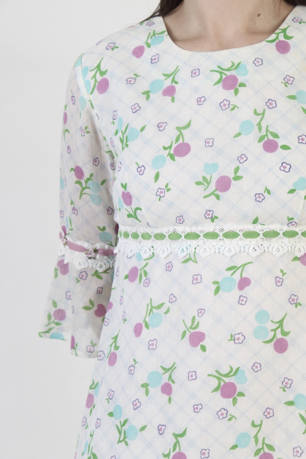 Vtg 70s White Fruit Print Dress High Waist Bell Sleeve Prairie Cottage Mini