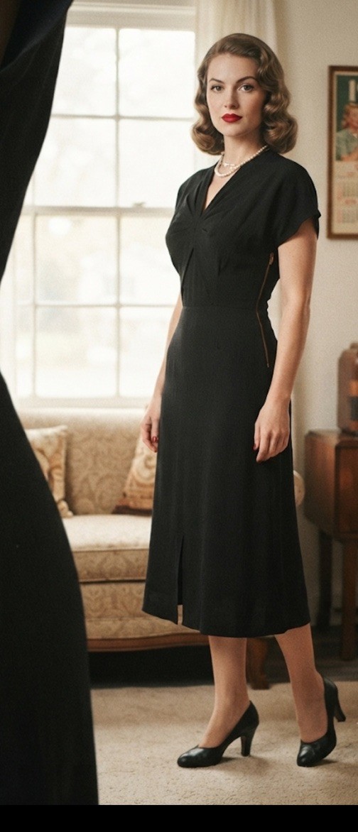 Vintage 1940s Classic Black Dress | Authentic 40s Minimalist Midi Dress