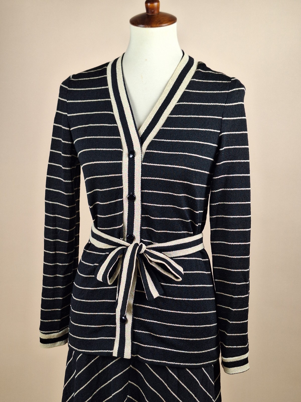Vintage 1960s Black And Cream Knit Set Sweater Cardigan And Skirt With Ties
