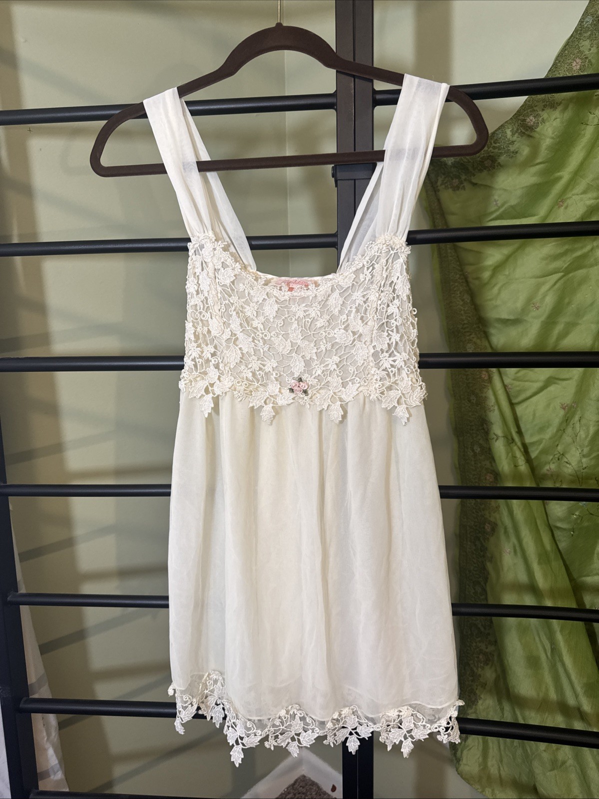 Vintage Y2K Camisole F Cera Hilrsoz Ivory Sheer Lace Chiffon Women Small Petite