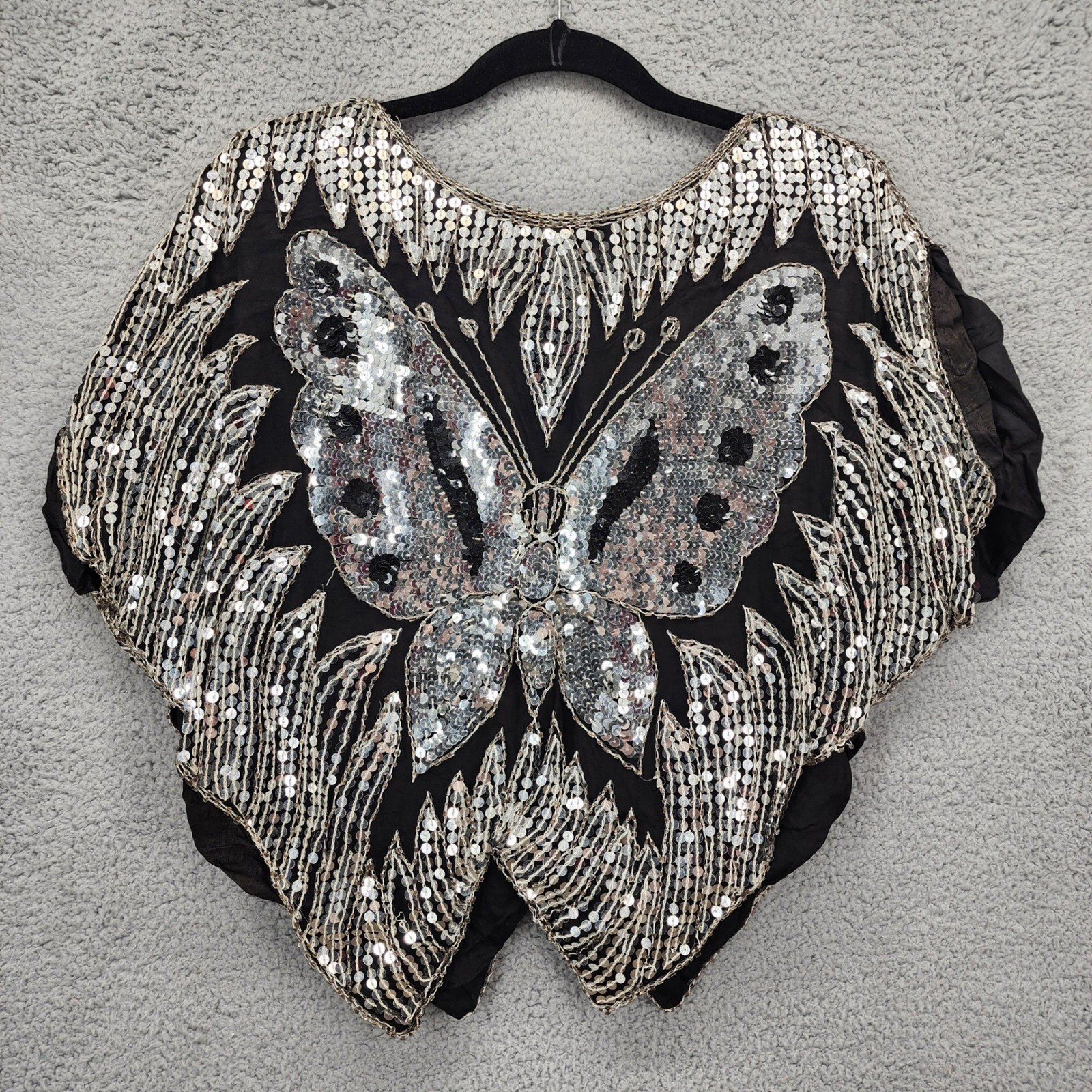 Vintage 100% Silk Silver Sequin Butterfly Top Batwing Dolman Beaded India