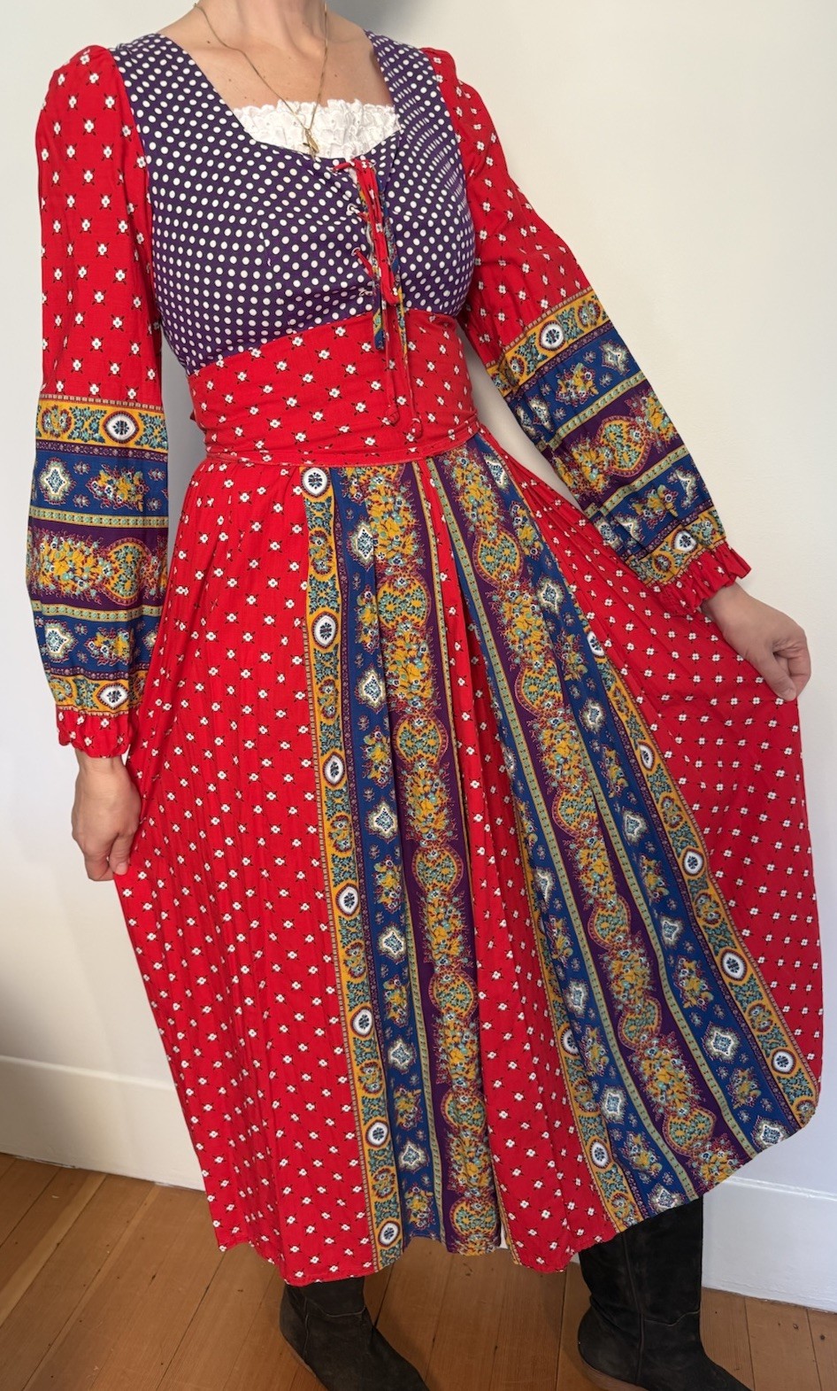 Vintage 60’s-70’s Shelly’s Tall Girl Boho Prairie Hippy Dress Corset Festival M