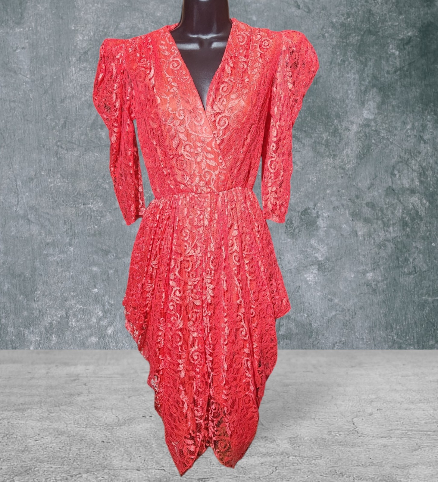 Vtg Diamond’s Run Red / Coral Floral Lace Dress Old Hollywood Size 5/6 Holiday
