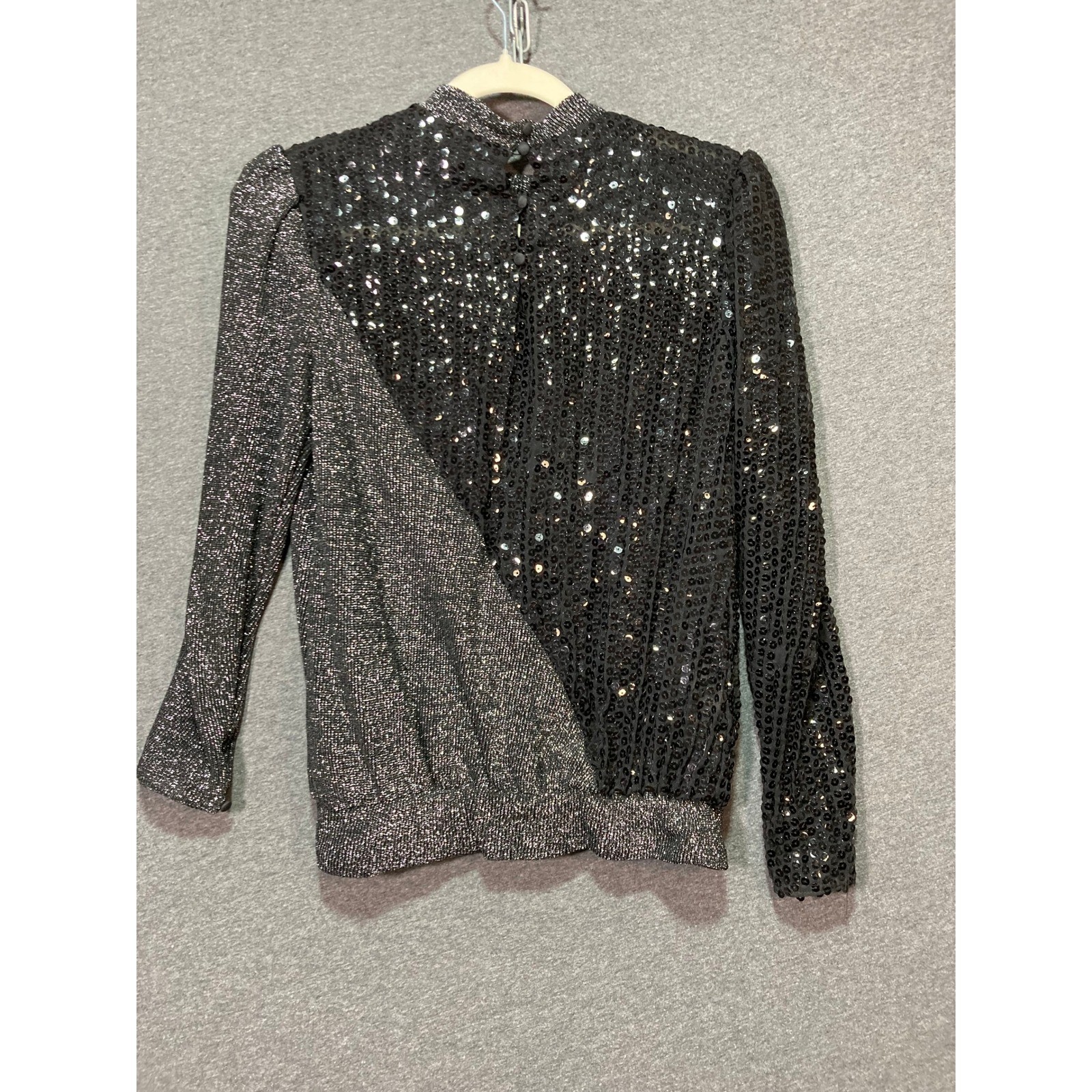Vintage Tally Boutique 80s Asymmetric Sequin Metallic Blouse Black Silver 8