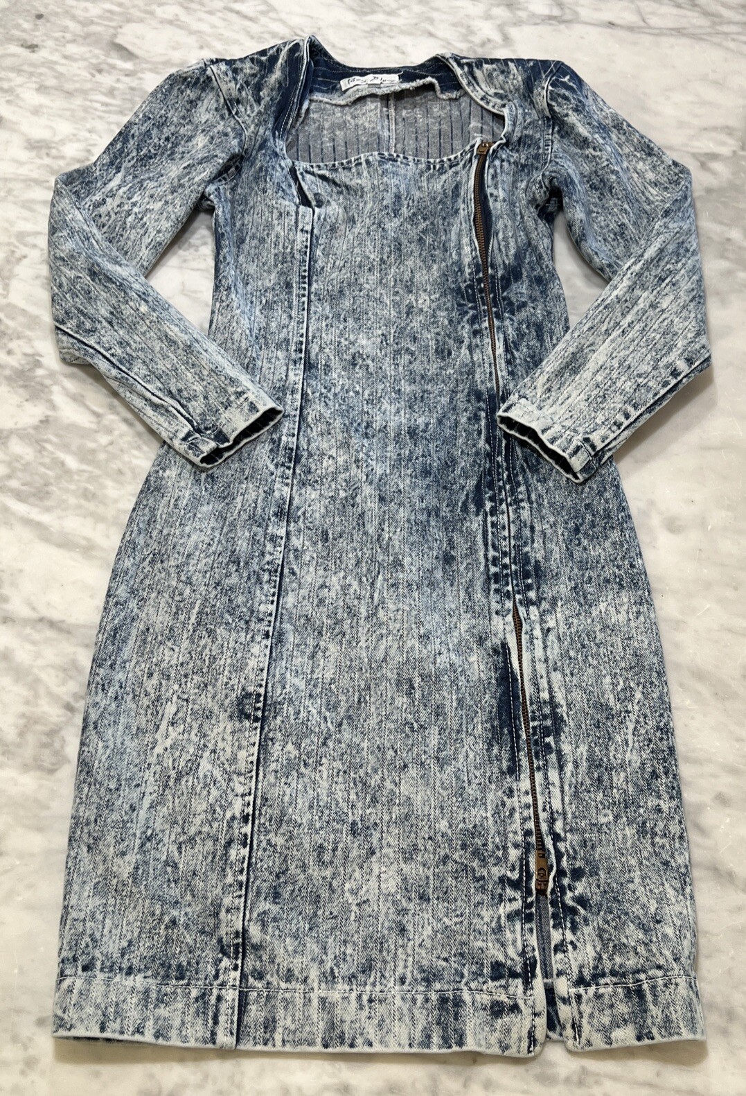 Vintage Paris Blue Dress Small Acid Wash Denim Full Zipper Long Sleeve Bodycon