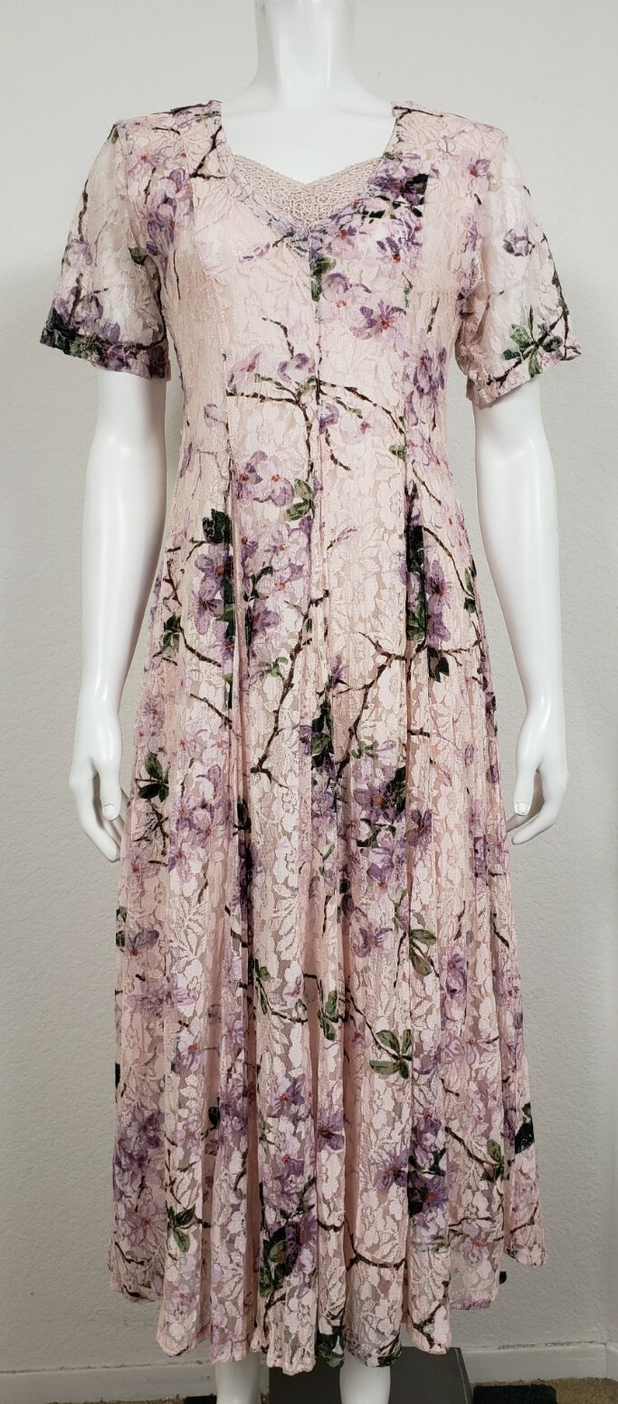 VTG Starina Womens Dress Size Small Sheer Lace Floral Short Sleeve Maxi Rayon