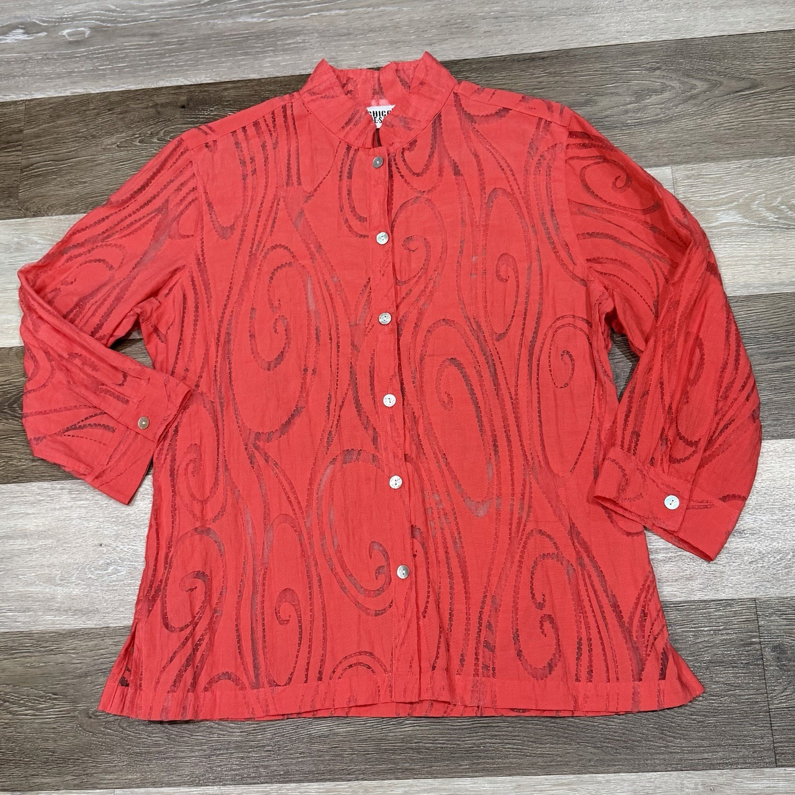 Vtg Chicos Design Sheer Top Sz 1-Medium Orange Red Burnout Swirl Artsy Eclectic