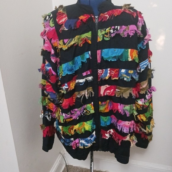 Thrashed 80s Jacket Zipper Studs Straps Ragged Fringe Size 1X Womans Grunge