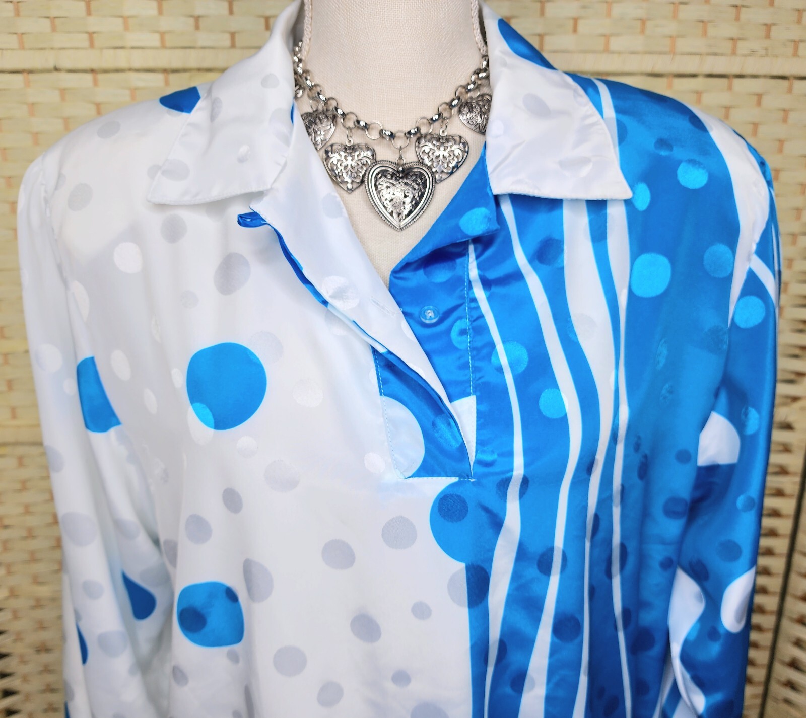Vintage 80s Stuart Land Blue & White Satin Top Size 12
