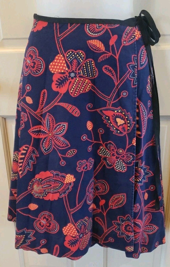 Vintage Cotton Wrap Skirt Farmhouse Handmade Red Blue Paisley/Floral Excellent