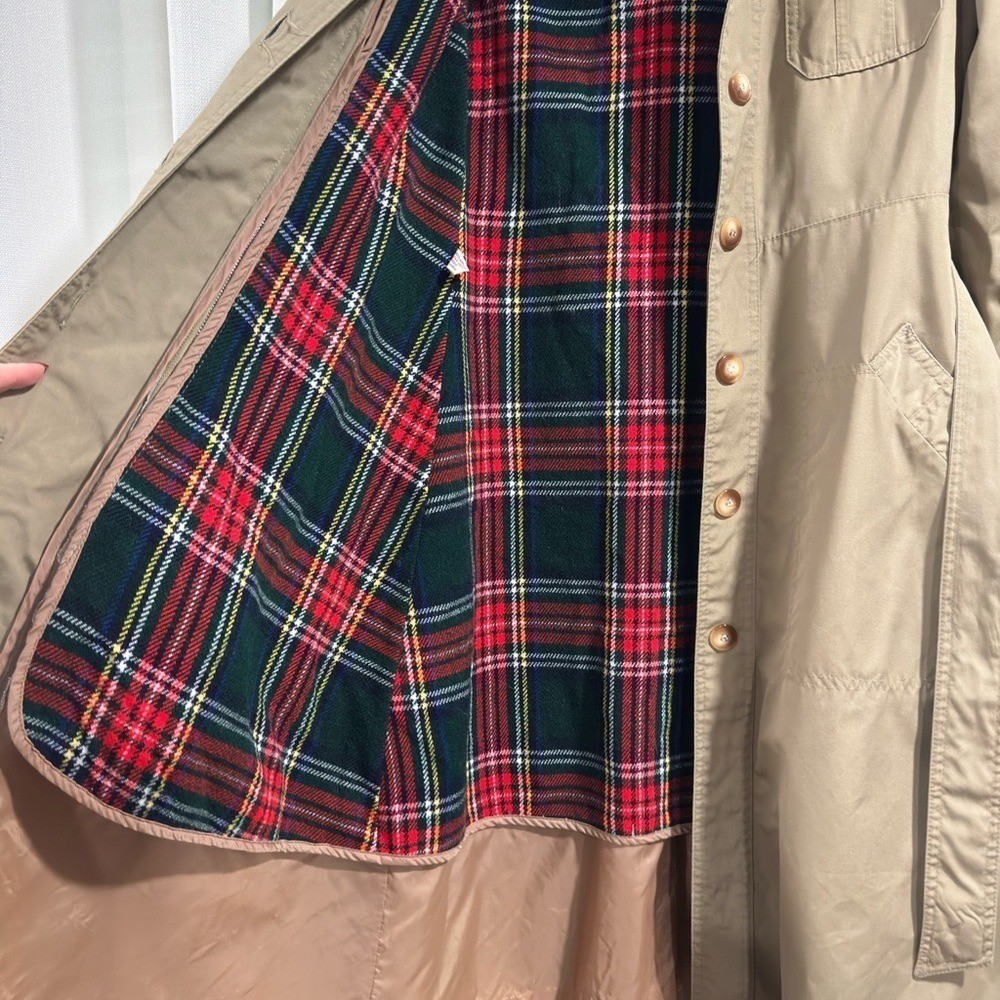 Vintage Khaki Trench Coat with Removable Plaid Liner Tan Belted Overcoat Size 8