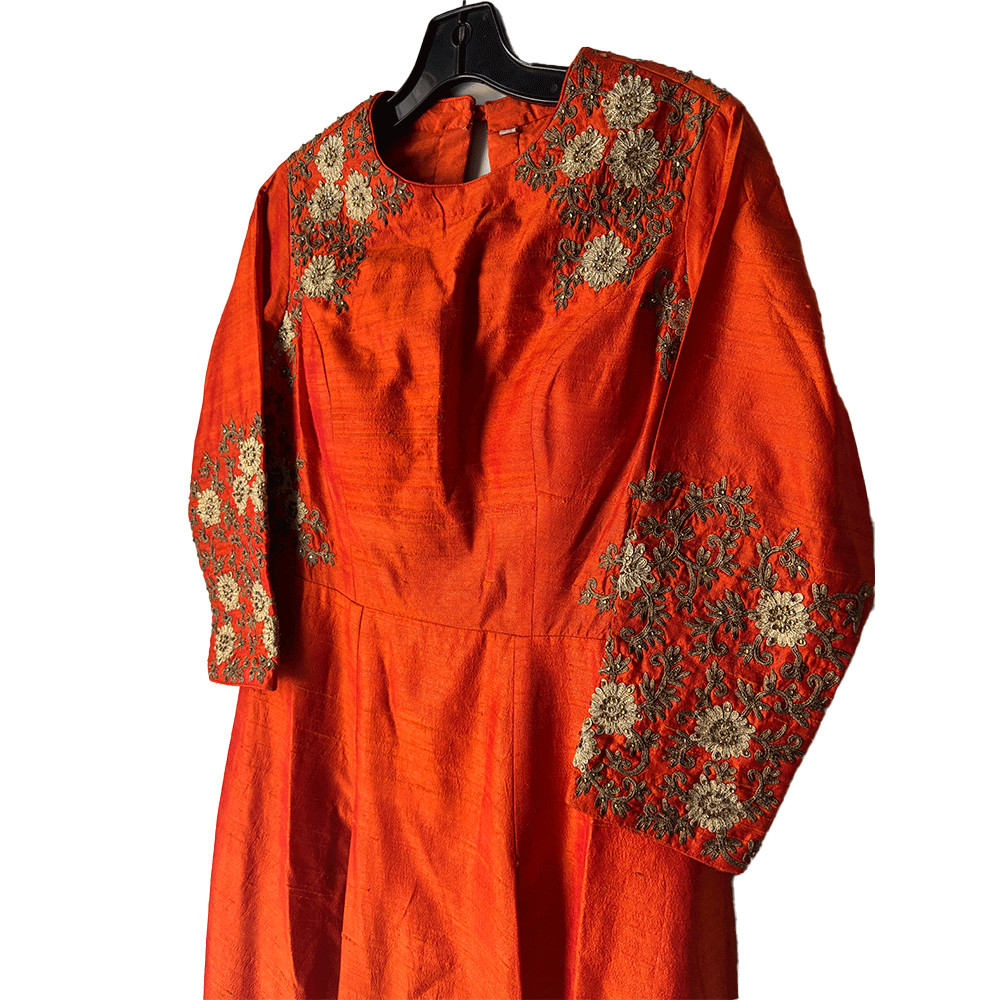 Vintage 1990s Raw Silk Applique Tunic Midi Dress Wear Over Cigarette Pants Sz M
