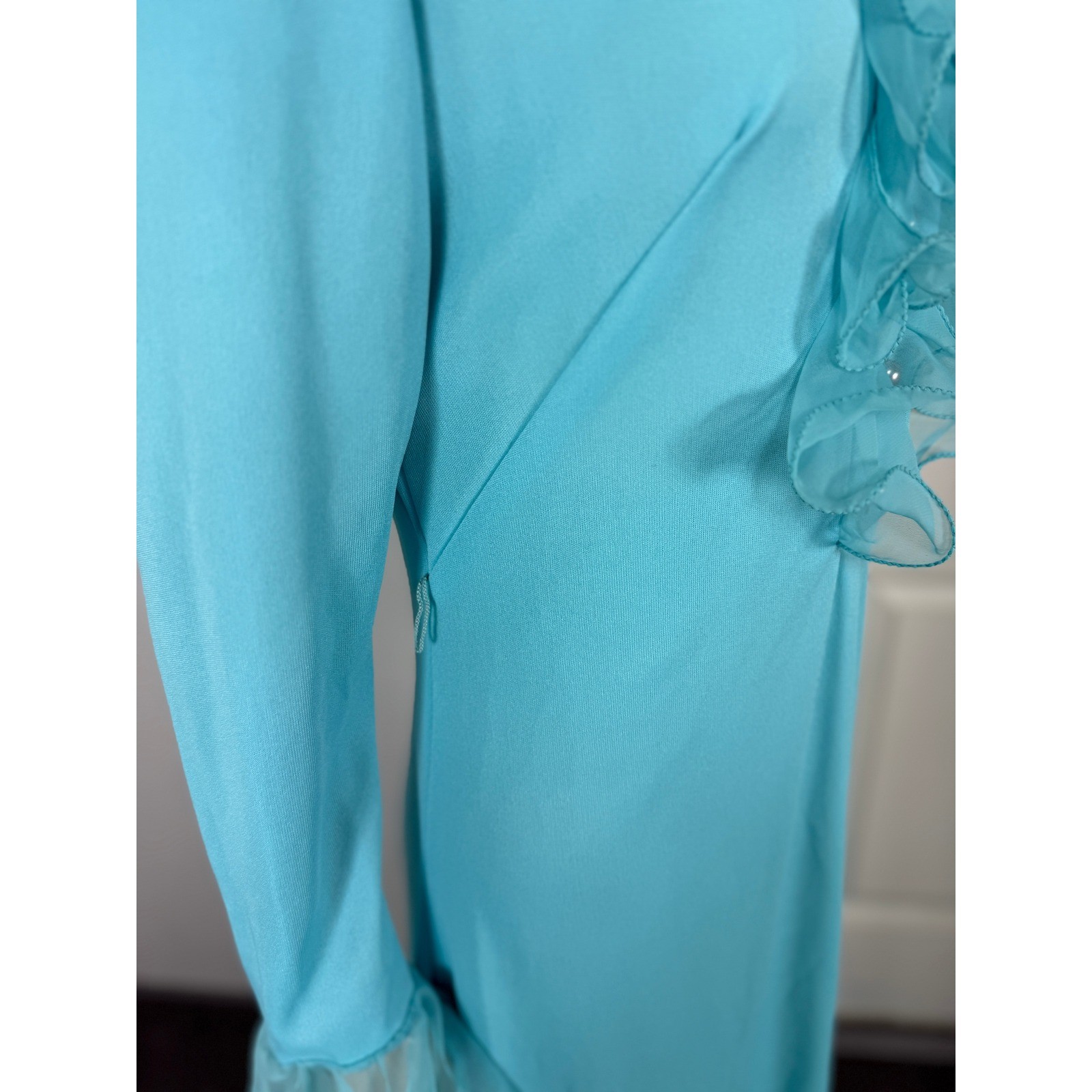 Vintage 70s Dress Bridesmaid Maxi Polyester Knit Party Formal Evening Ruffle NN3