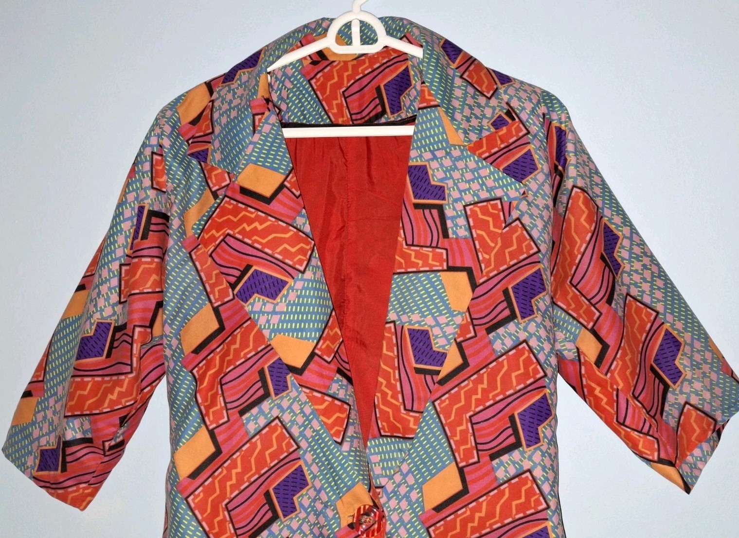 Vtg 80s Jacket Geo Print Long Blazer Red Yellow Purple Teal Femina