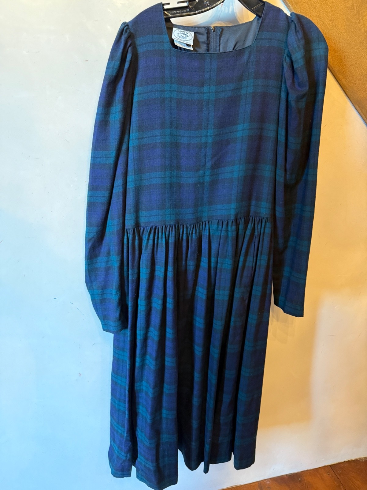 VINTAGE LAURA ASHLEY BLACK WATCH WOOL BLEND DRESS SZ UK 14 US 12 MIDI LENGTH