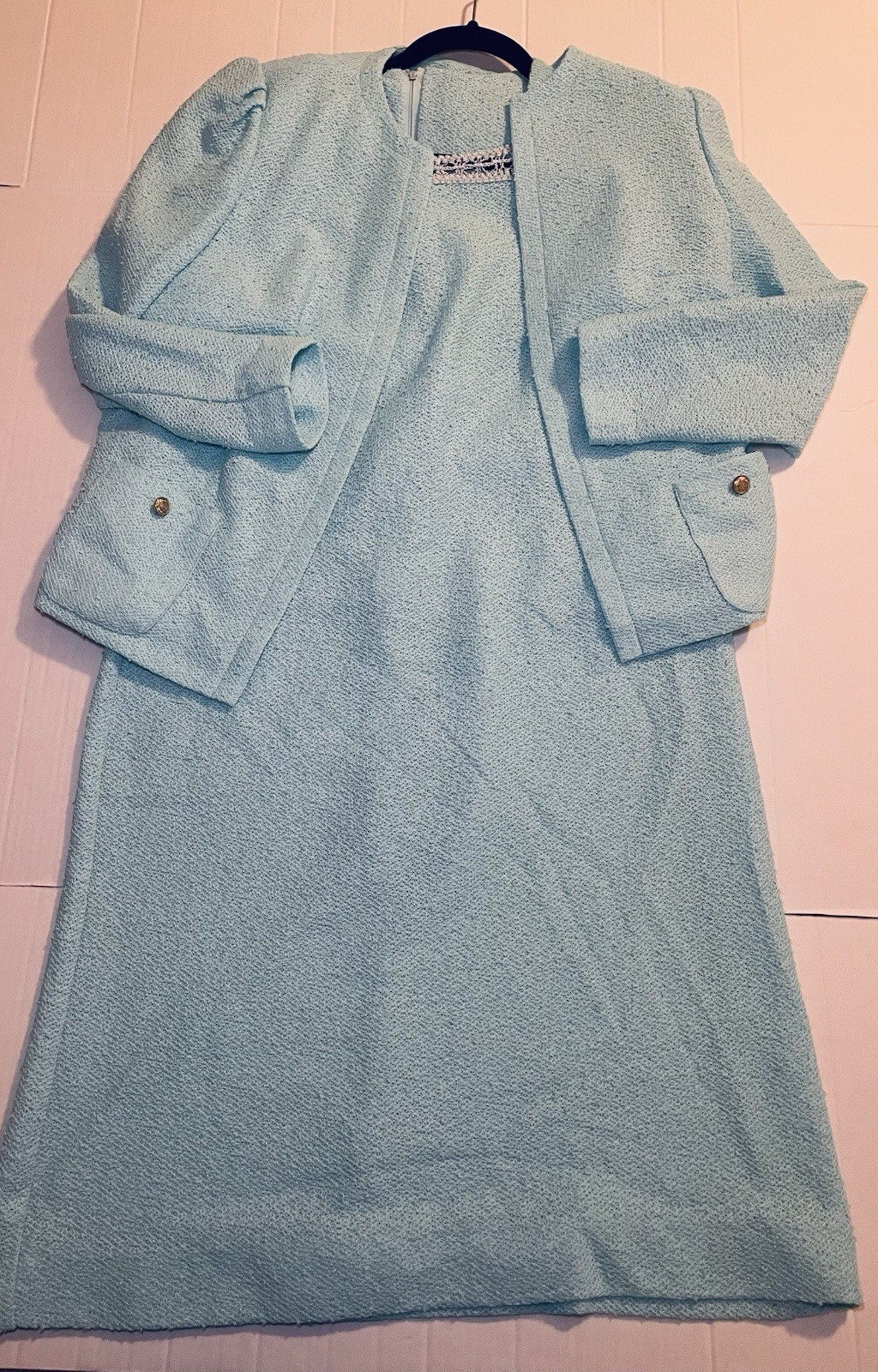 Vintage Leslie Pomer 50s 60s Light Blue Tweed Blazer Suit Dress 14B