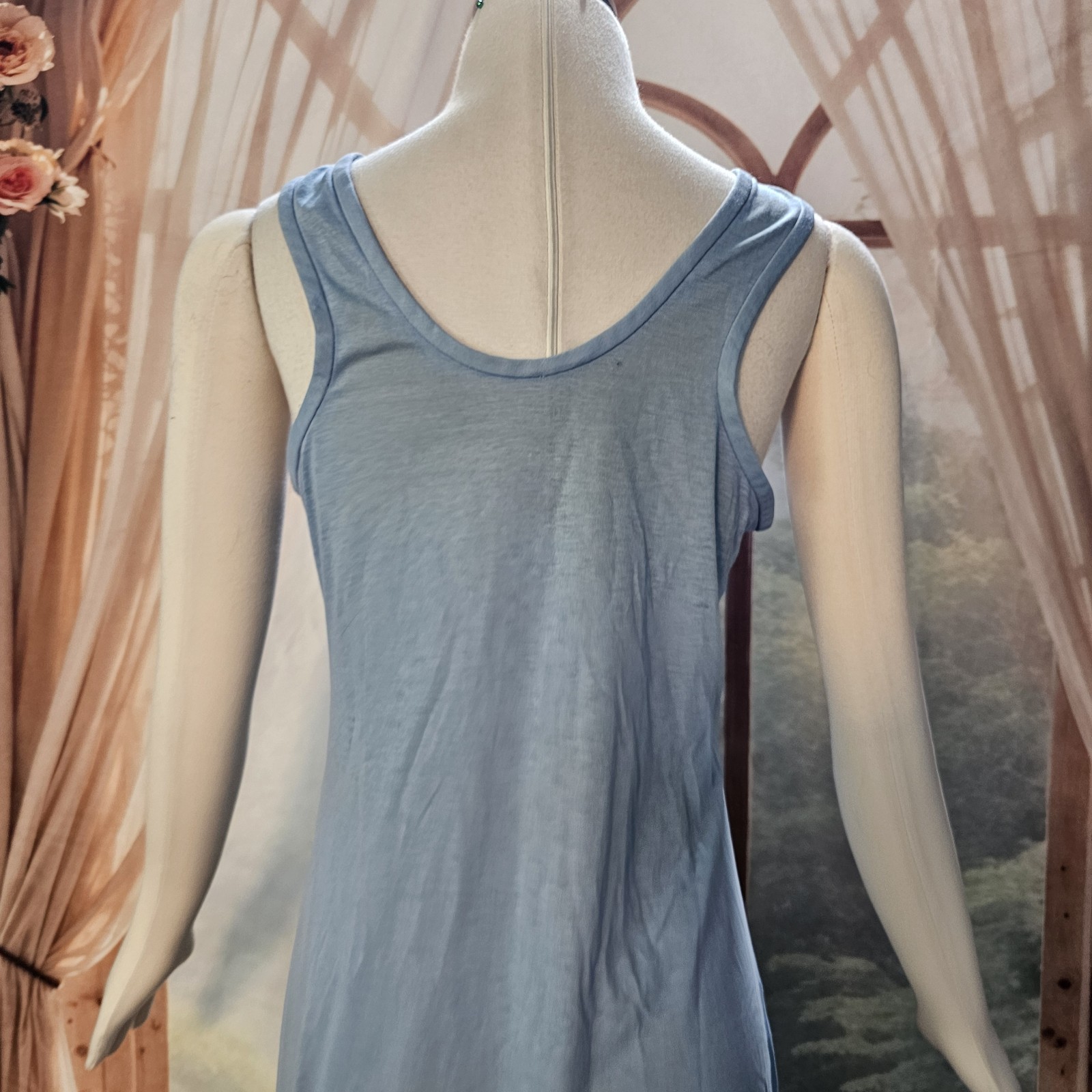 Vintage 1970s Dress Maxi Floor Length Baby Blue Floral Bee Patch Sleeveless Tank