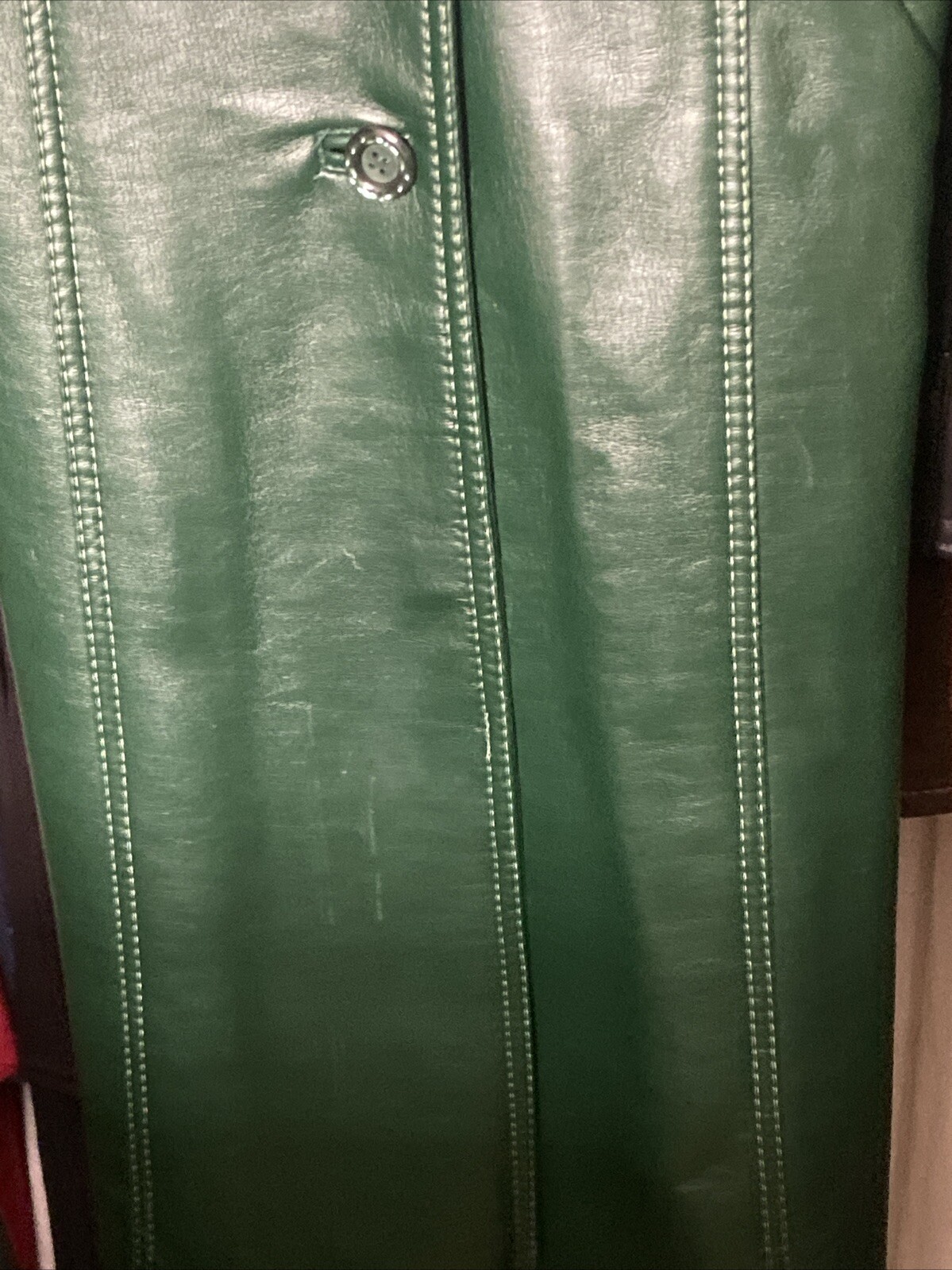 Mod Maid Vintage Pleather Green Long Belted Jacket Coat RARE Womens Size 8