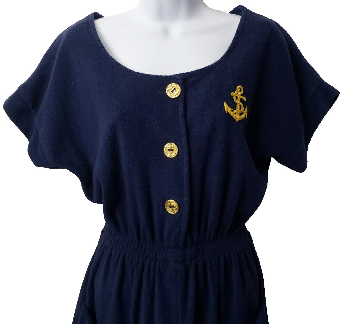 VTG 80s Terry Cloth Playsuit S Romper Navy Anchor Nautical Boating Coastal Beach
