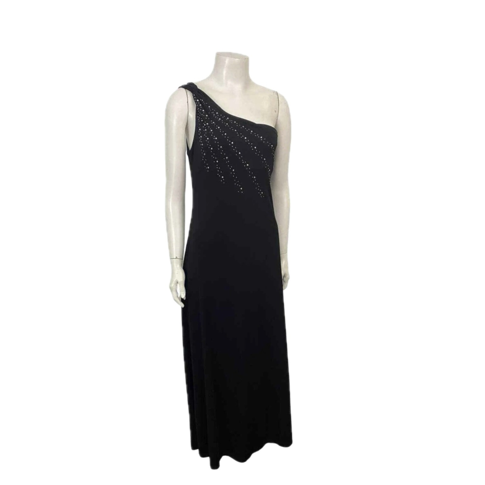 Vintage One Shoulder Black Evening Dress Rhinestone Asymmetrical Gown / medium ^