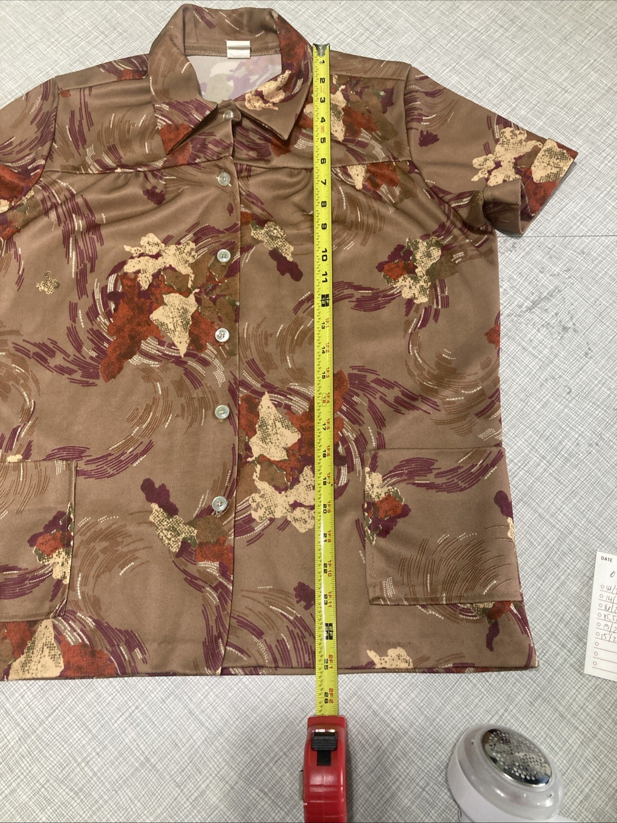 Vtg 70s Polyester Smock Blouse Top Abstract Earth Tone Disco Collar GUC Retro