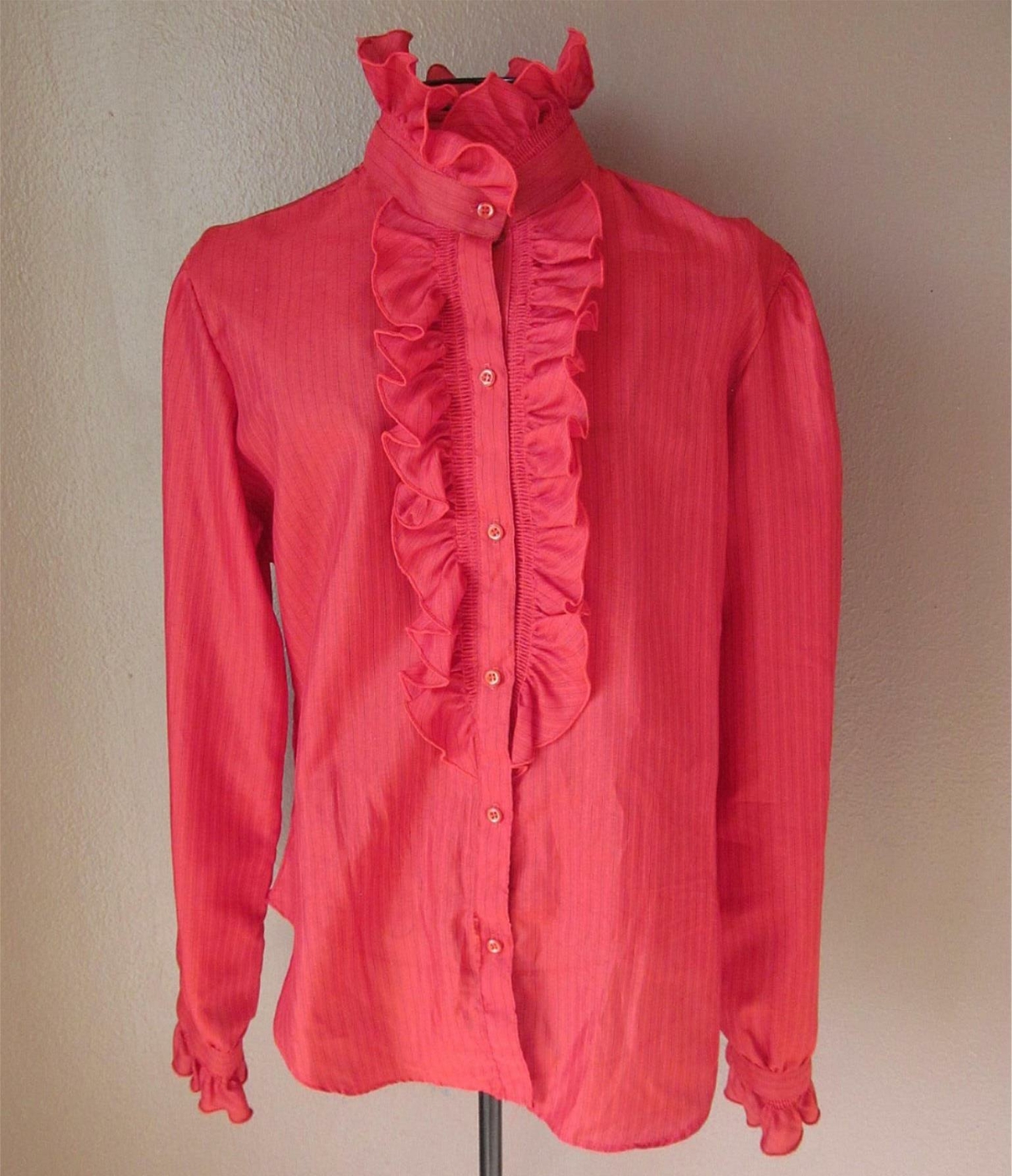 VTG 70s Mock Turtle Neck Top Womens S/M Puffy Sleeve Blouse Victorian Ruffle