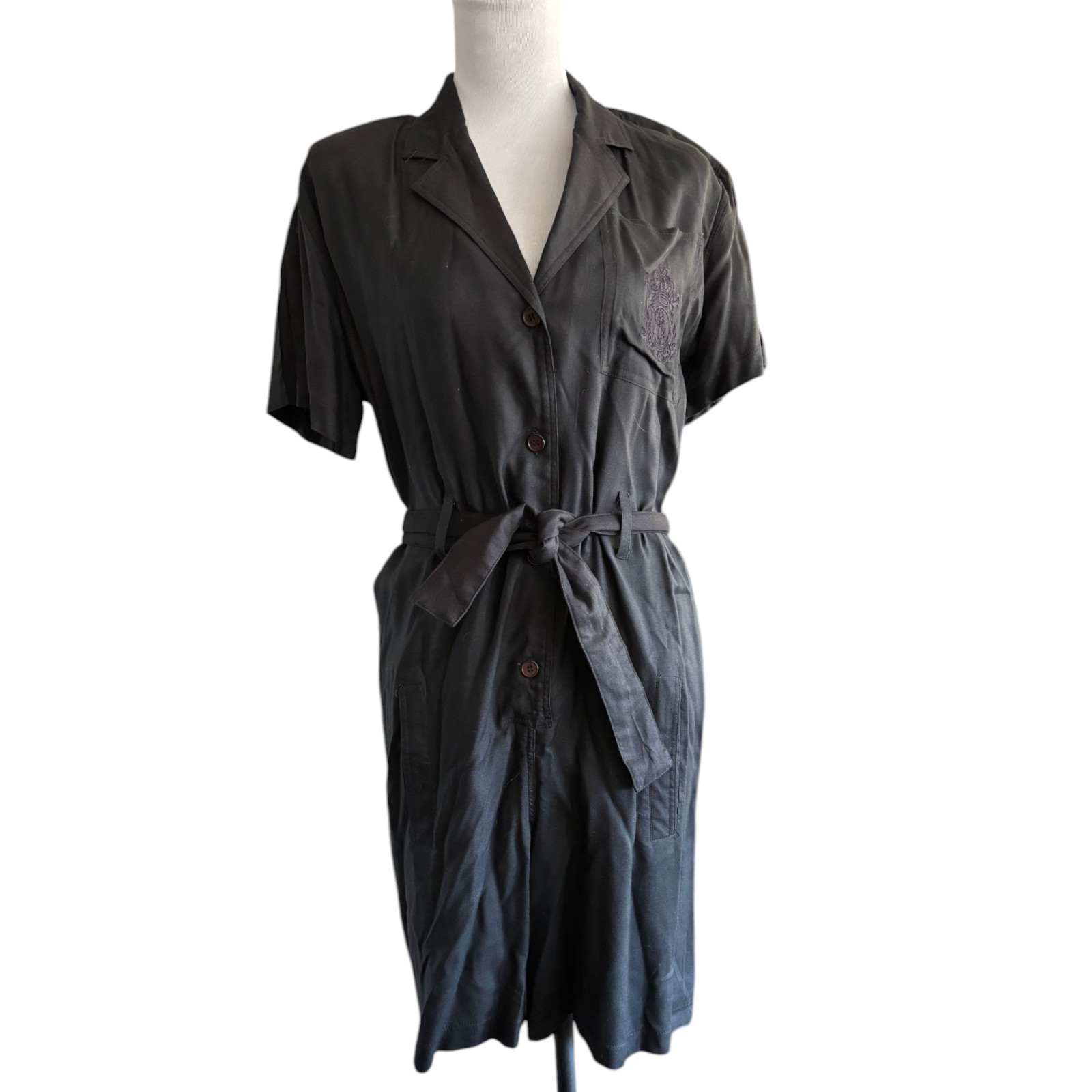 Happy Legs Vintage black short sleeve collared button up belted Romper sz S