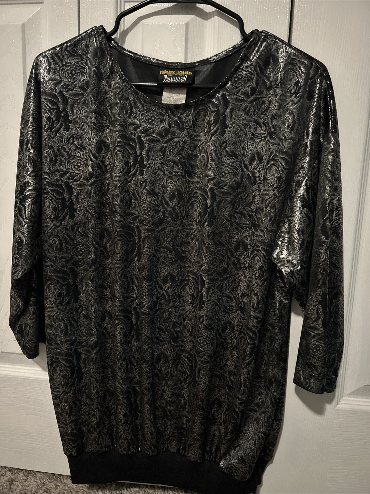 Vintage 80s Trimmings Metallic Black Silver Floral Whimsygoth Top