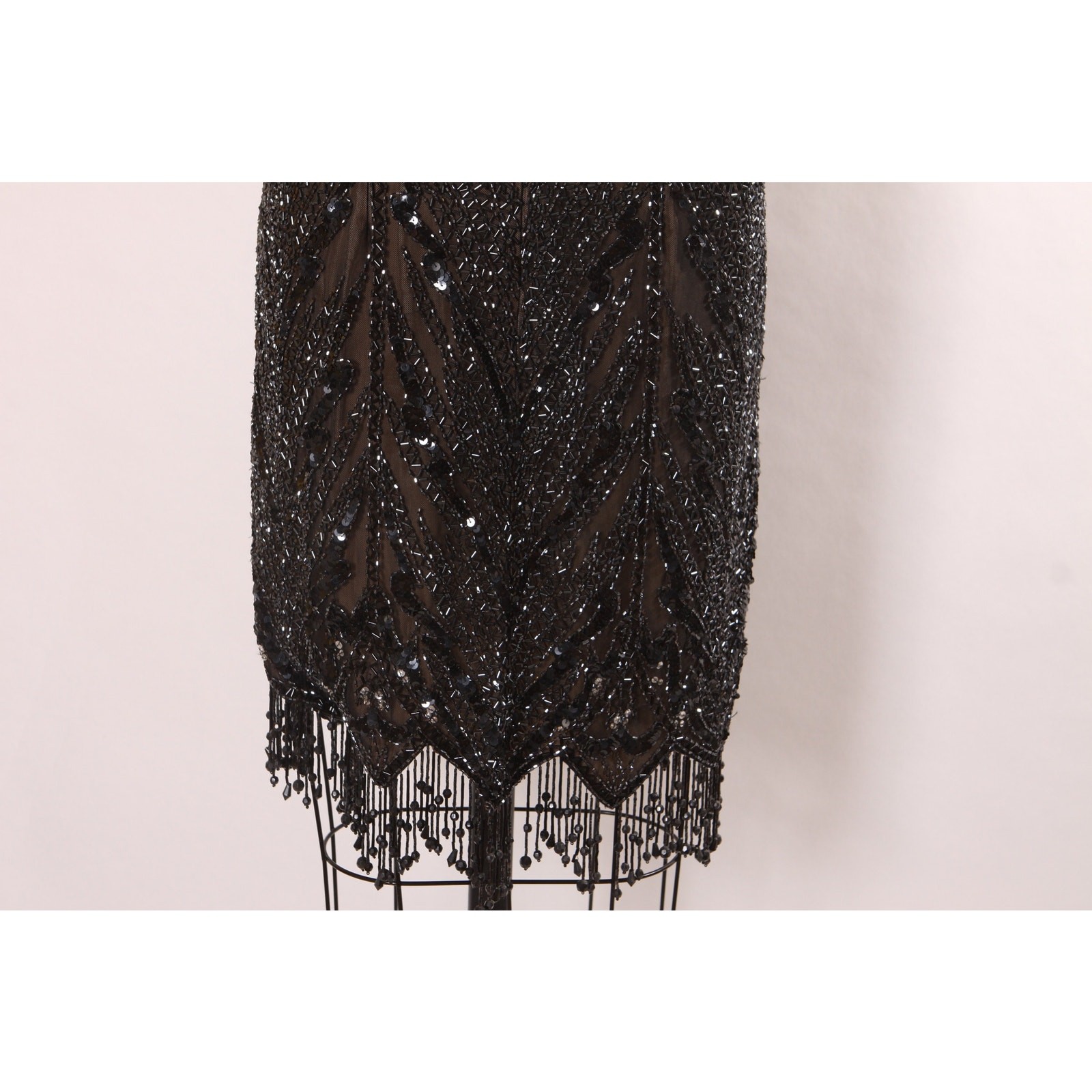 1980s 1990s Black Sequin Beaded Fringe Flapper Style Dress by Peak Evenings