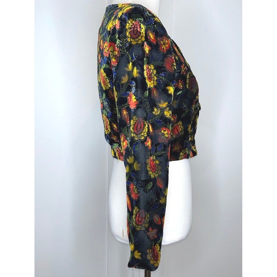Vintage French Connection Floral Velvet Burnout Cropped Jacket Multi-Color 90s M